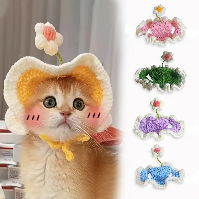 Floral Crochet Pet Hat - Adorable Knitted Costume Headwear