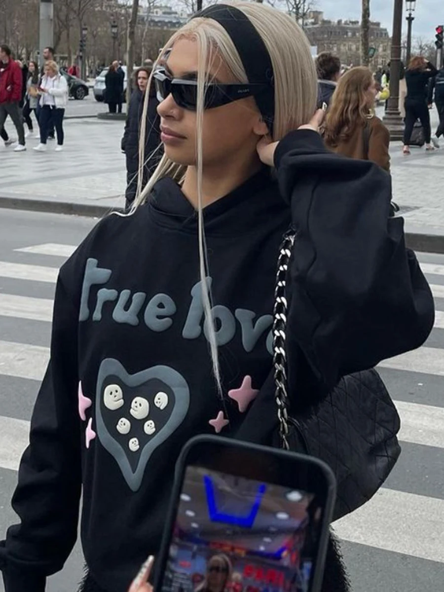 

Stay Trendy with MYBFYABO Women s Y2K Heart Letter Print Hoodie - Perfect for Harajuku Streetwear and Couples Oversized