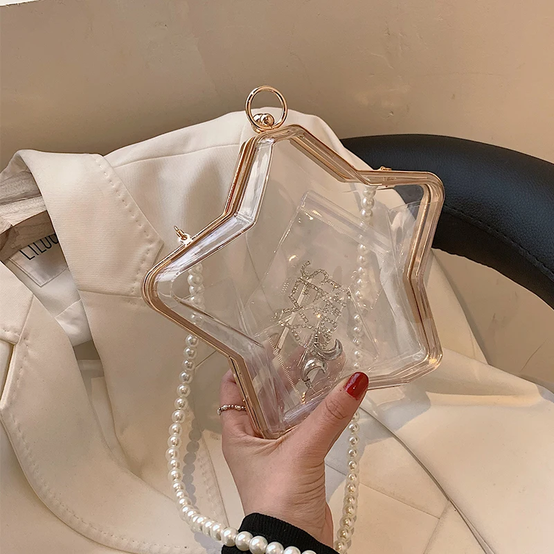

Summer Popular Starfish Small Bag for Women 2023 New Mini Pearls Chains Crossbody Shoulder Bag Transparent Mermaidcore Handbag