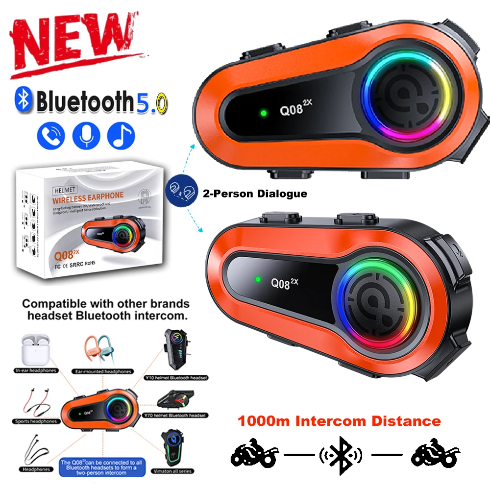 

2pc/1pc Helmet Intercom Motorcycle Bluetooth 5.0 Headset 1000M Communicator Waterproof Interphone 2 Riders Walkie Talkie