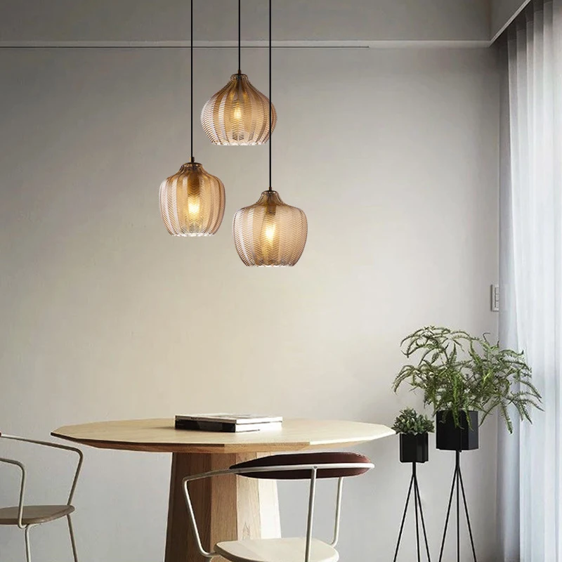 Modern Nordic Amber Glass LED Pendant Lamp For Living Room Bedroom Dining Room Kitchen Bedside Decoration Small Chandelier Light 3