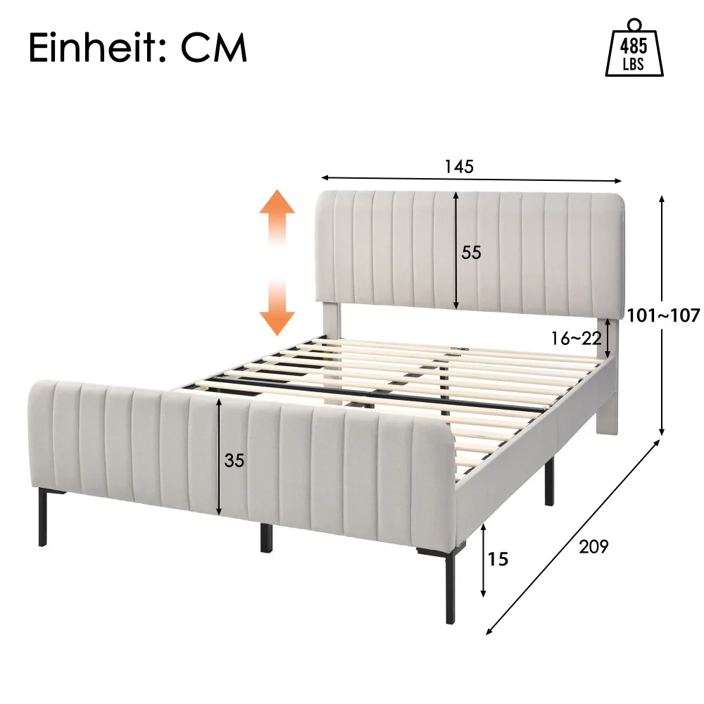 Modernes Gepolstertes Doppelbett | Robuster Gitterbett-Rahmen mit Verstellbarem Kopfteil | Jugendzimmermöbel für Teenager & Erwachsene – Detail 24