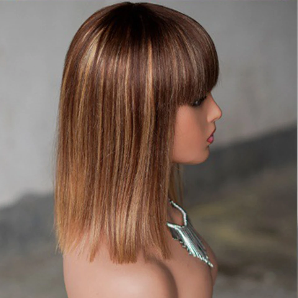 Highlight Brown And Maroon Human Hair Wig Straight Machine Made Wig Human Hair Brazilian Short Bob Wigs (ColorP4/27 )