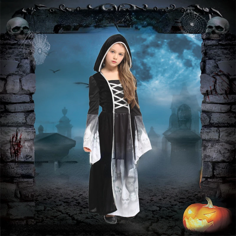 

Halloween Grim Reaper Witch Costumes Girl Kid Dress Ghost Terror Skull Sickle Cosplay Costume Party Performance Dress Up Gift