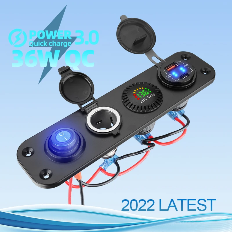 QC3.0 Cigarette Lighter Socket Splitter Waterproof 12V Dual USB Charger Power Adapter Outlet Panel Ports Voltmeter fast charging_voghion.com