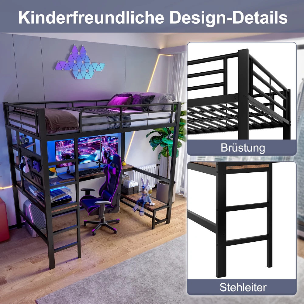 90 x 200 cm großes Hochbett, Eisenrahmen, Schreibtisch, Geländer, Rolltreppe, mit USB+Typ-C-Buchse und LED-Leiste, mit perforiertem Brett, ohne Matratze – Detail 4