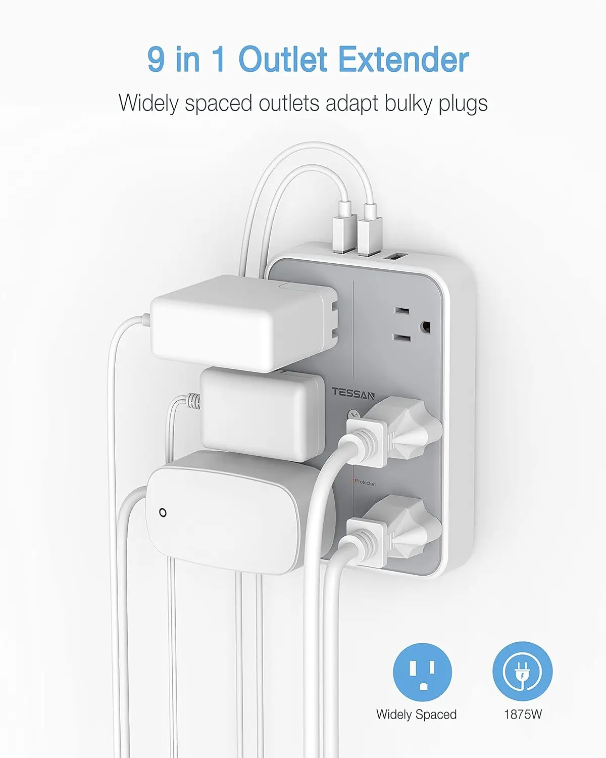 USB Wall Charger Multi Outlet Extender Surge Protector TESSAN 6 Electrical Outlets Expander with 3 USB Charging Ports 1080 J