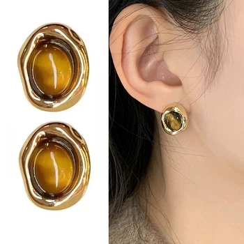925 Silver Needle Korean Fashion Tiger Eye Stone Oval Earrings For Women Jewelry 2025 Trending New Vintage Women's Stud Earrings