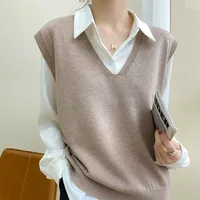 Early Autumn  Women's Knitted Wool Vest Layering Svel Loose Outerwear Sweater oulder Pad V-ne Pure Color Commute