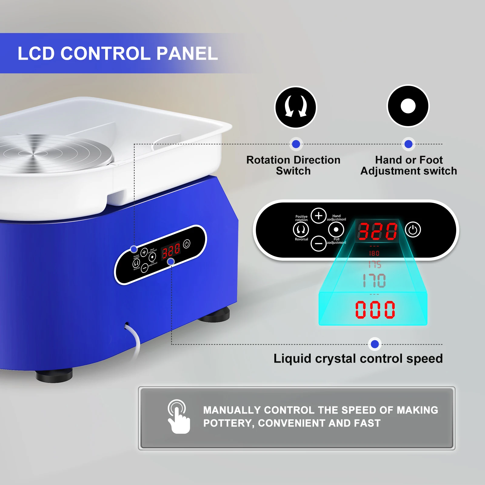 Electric Pottery Wheel with LCD Display 25CM 350W Pottery Wheel Ceramic Work Clay DIY Craft Dual Control Removable ABS Basin pottery wheel ceramic tools