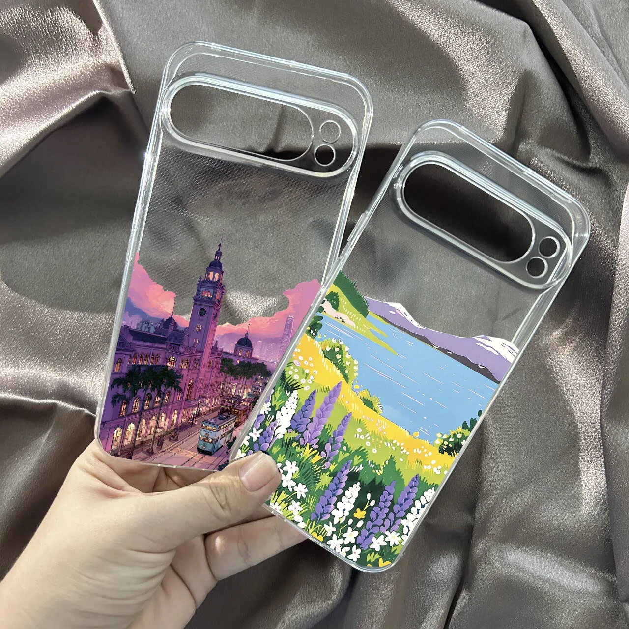 Anime Cityscape Transparent Phone Case with Pink Sunset TPU Cover