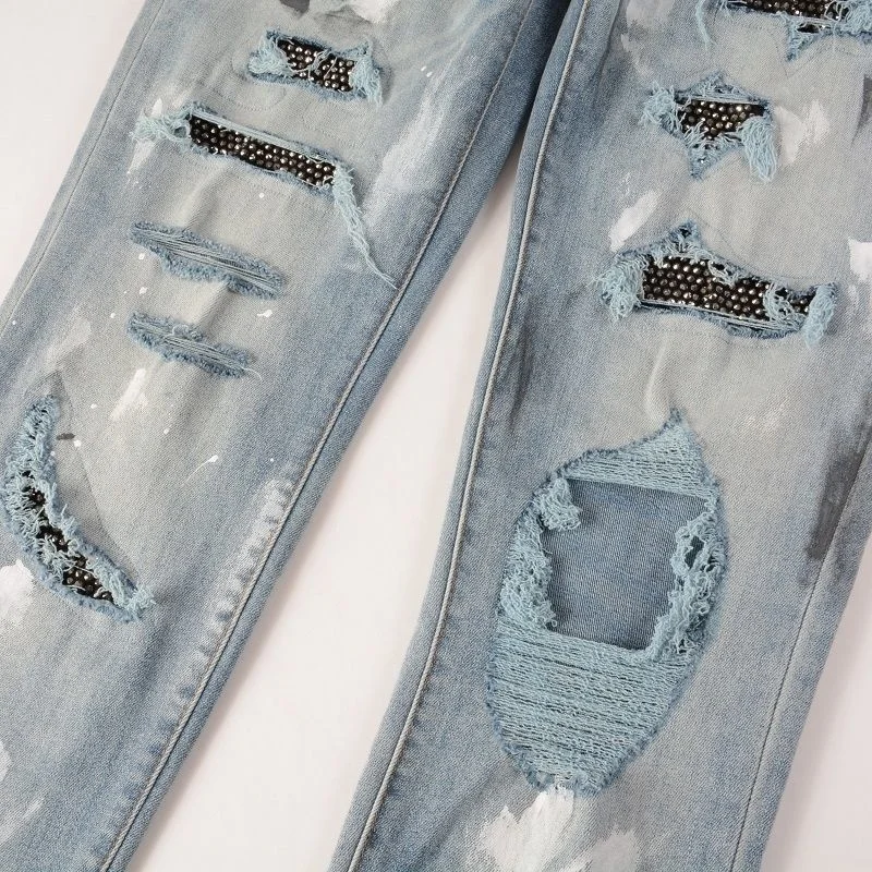Rhinestones Splashing Ink Patchwork Male Ripped Hole Design Stretchy Jean Hip Hop Style Trouser For Men Pantalon Vaqueros Hombre
