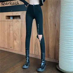 Leggings Women Zipper Design Hole S-3XL High Waist Solid Streetwear Stylish Harajuku Ladies All-match Cool Bottom Ins Ulzzang