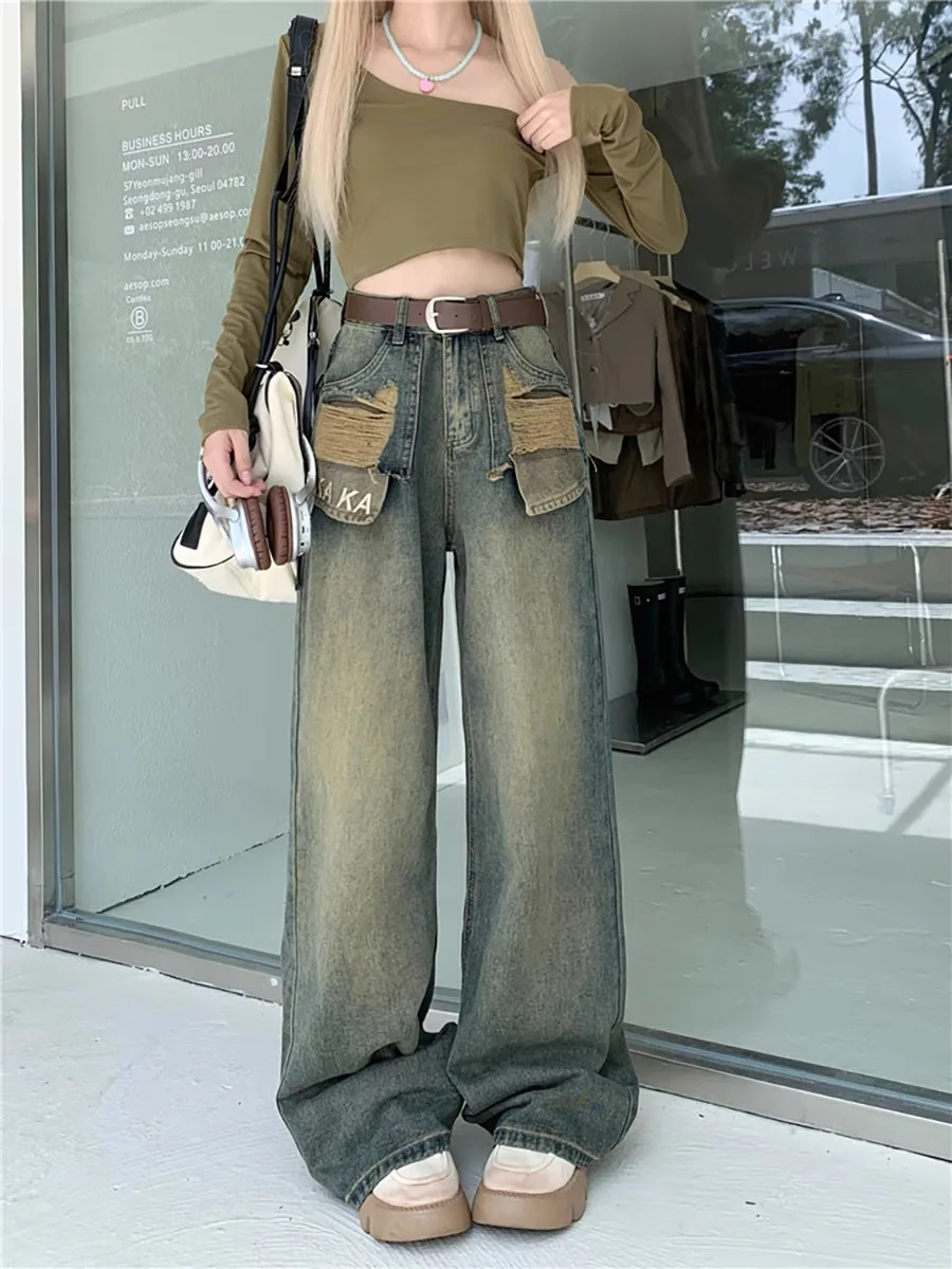 CGC Korean Fashion Ripped Jeans Casual High Waist Women Denim Pants Irregular Design Streetwear Women y2k Jeans Trousers