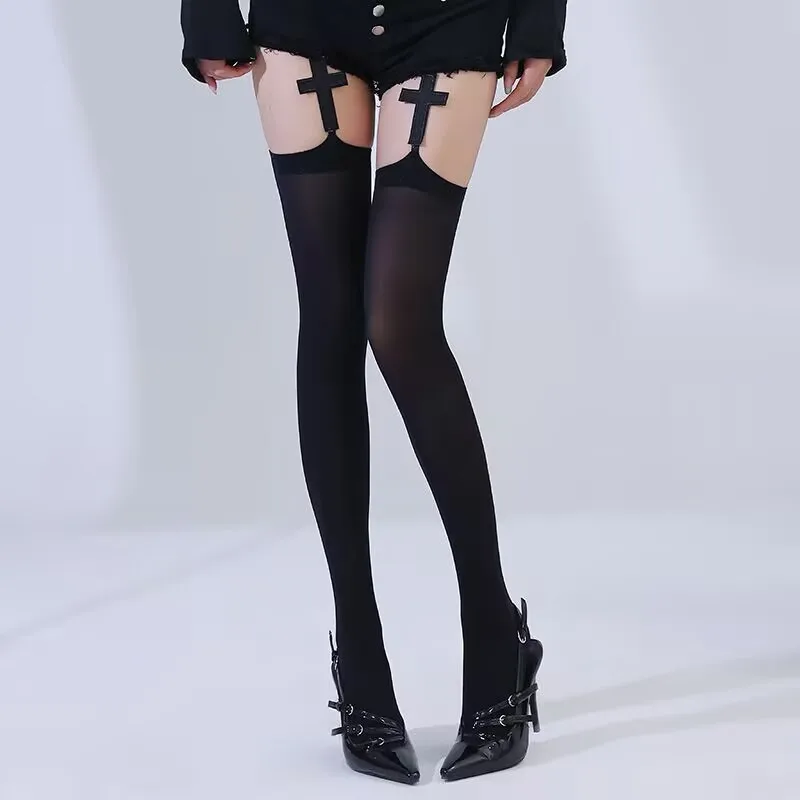 Frauen Sexy Straps Oberschenkel Hohe Strümpfe Samt Dünne Schwarz und Weiß Unregelmäßige Freiliegende Haut Strumpfhosen Gothic Kreuz Strümpfe # – Detail 3