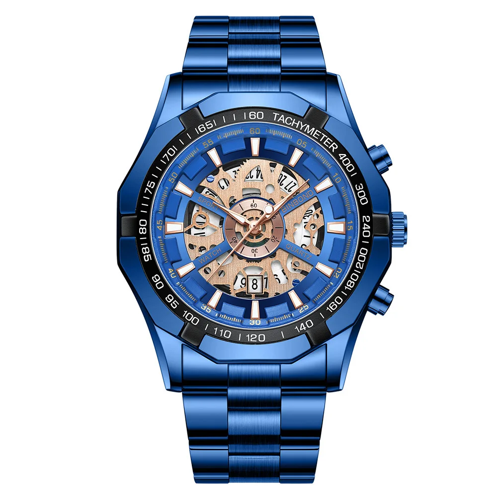 Binbond Explosion Hollow out Waterproof Glow Blue Men's Watch Quartz Steel Band Watch Motorcycle Big Dial Men's Essential