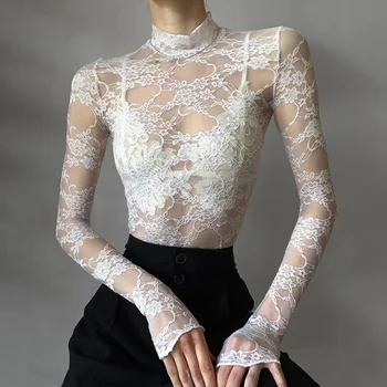 Sexy Lace Blouse Shirts Summer Women Turtleneck Long Sleeve See Through Lace Patchwork Thin Tops XXNWQ-NWMCT01609 1