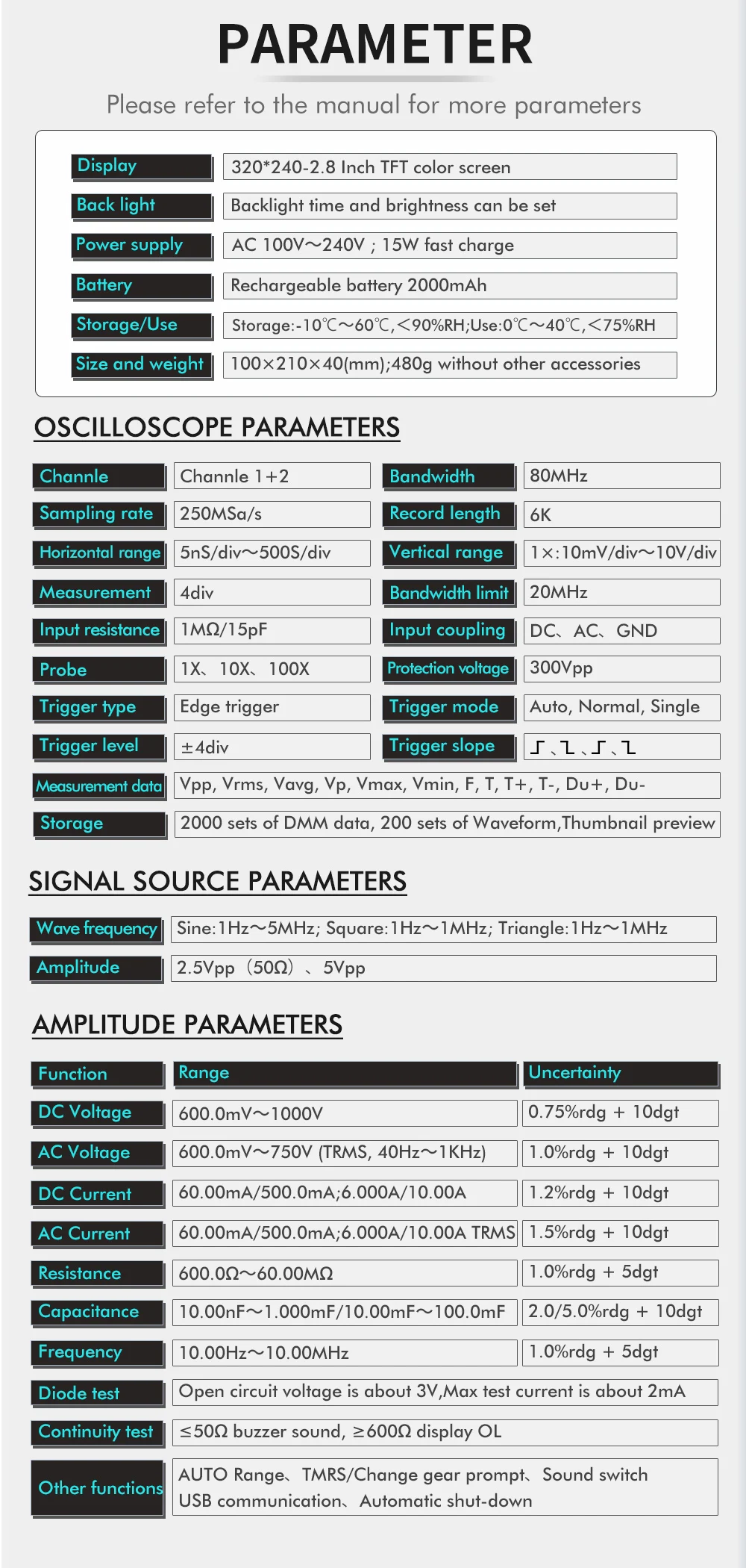 ET829 2 Channel 80MHz Digital Storage Oscilloscope Multimeter Signal Generator 3