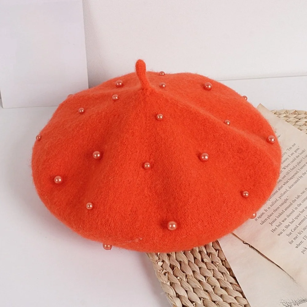 Fashion Pearl Children's Beret Solid Color Woolen Baby Wool Hat Thicken Korean Style Painter Hat Autumn