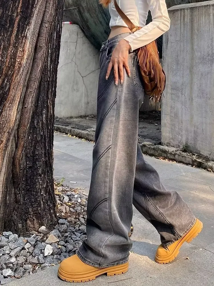 Spring And Summer Retro Niche Design Sense Cut Wide Leg Jeans, Men's Gradient Loose Fitting Straight Casual Pants Women's Jeans