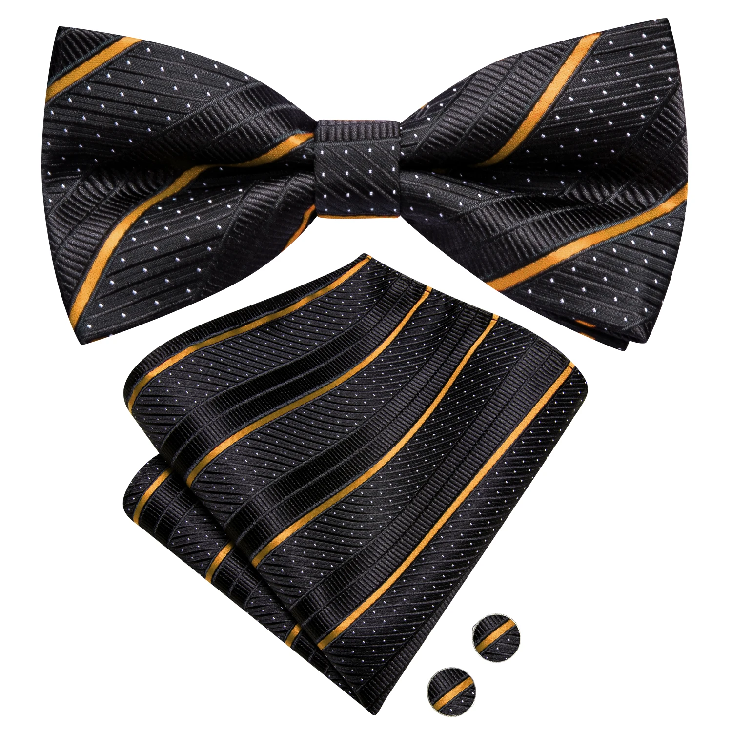 

Hi-Tie Black Gold Striped Men Bow Tie Hankerchief Cufflink Pre-tied Silk Butterfly Knot Bowtie for Male Business Party Wholesale