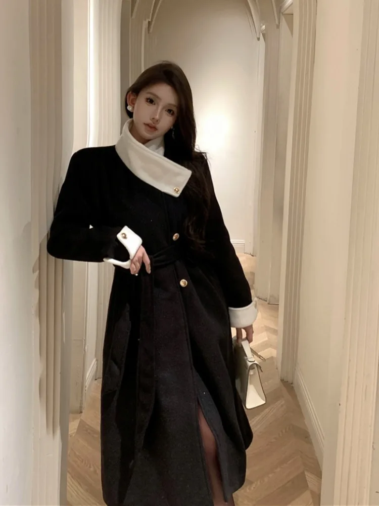 Breasted Mid Length Woolen Coat For Women In Winter With Contrasting Lapel Collar For A High-end Feel, Loose And Shiny Woolen
