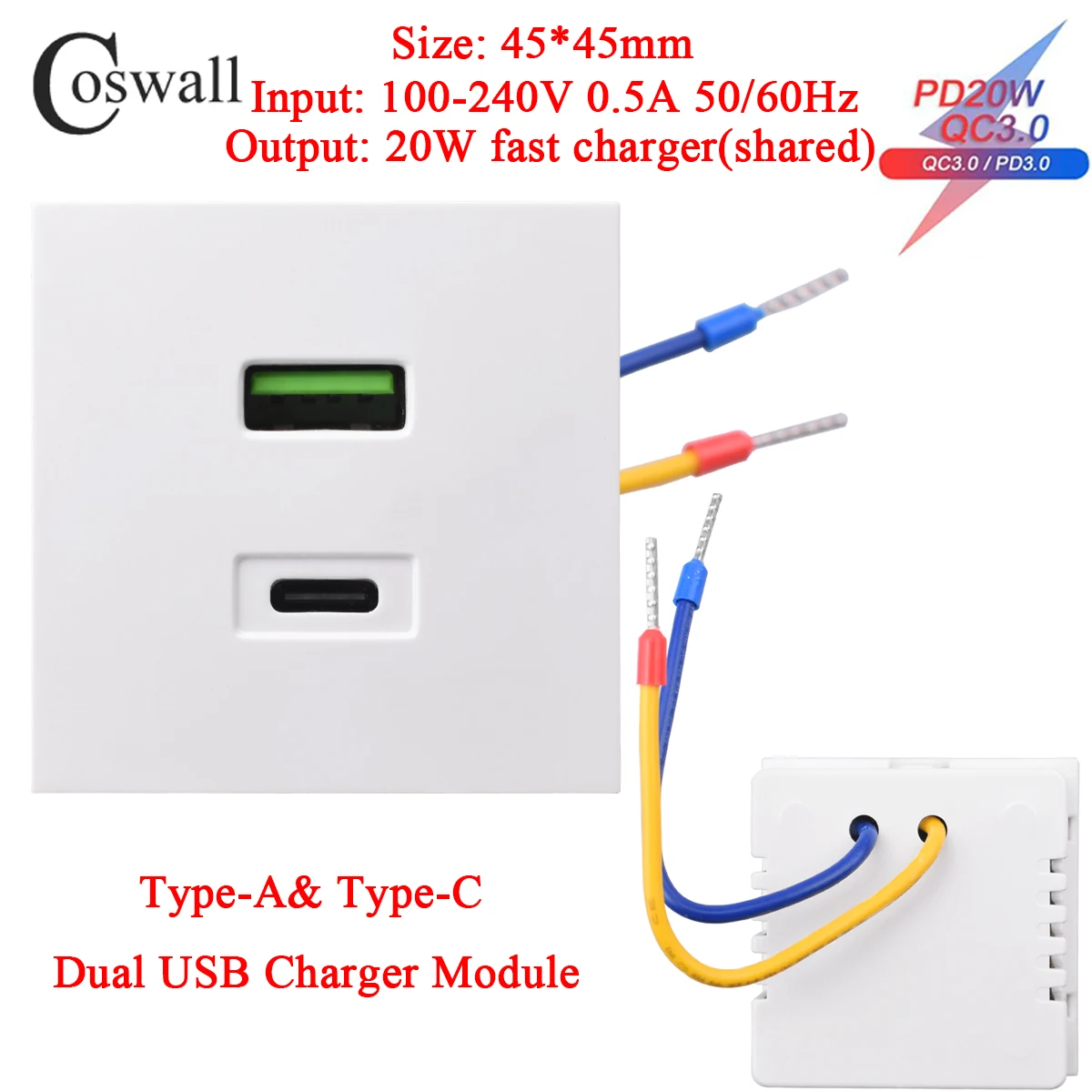 Coswall Dual USB Wall Charger with 20W Fast Charging Capability