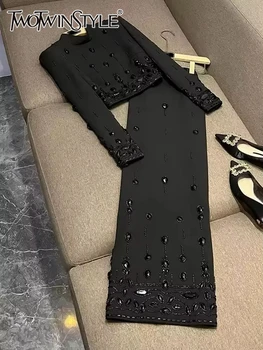 TWOTWINSTYLE High Street Two Piece Set For Women Stand Collar Long Sleeve Spliced Zipper Tops A Line Skirt Set Female KSE504167