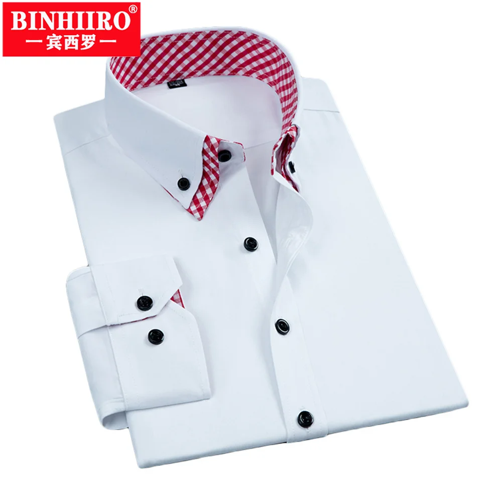

BINHIIRO Autumn New Men's Long-Sleeved Shirt Business Casual Formal Fashion Solid Color Slim Top Non-Ironing Lapel Base Shirt