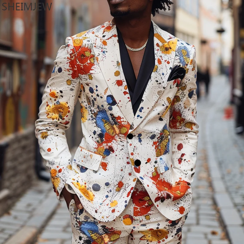 Colorful Printed Suit British Fashion Graffiti Casual Men's Jacket Pants Fashion Casual Men's Suits Party Bar Stage Showing Sets