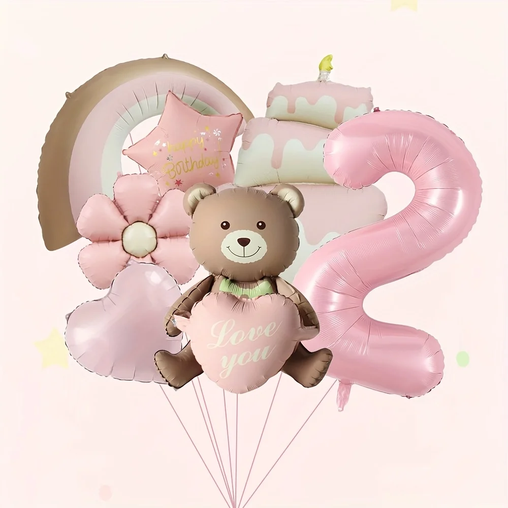 7 stücke Rosa Bär Ballon Regenbogen Daisy Kuchen Folien Ballons Nette Bären Party Gefälligkeiten Dekorationen Baby Dusche Liefert Helium Ballon – Detail 3