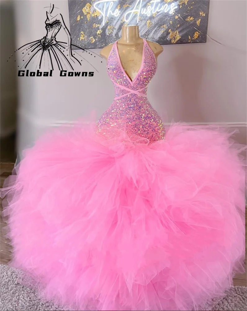 Sparkly Pink Sequined Long Prom Dress For Black Girls Halter Evening Gown Ruffles Backless Birthday Party Gowns Robe De Bal