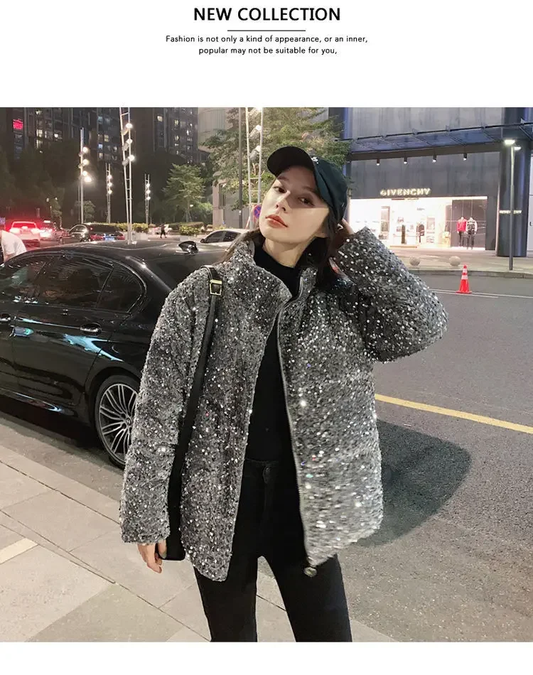 Sequined White Duck Down Short Down Jacket Women Thicken Parkas 2025 New Fashion Down Jacket Women Korean Loose Parka Coat