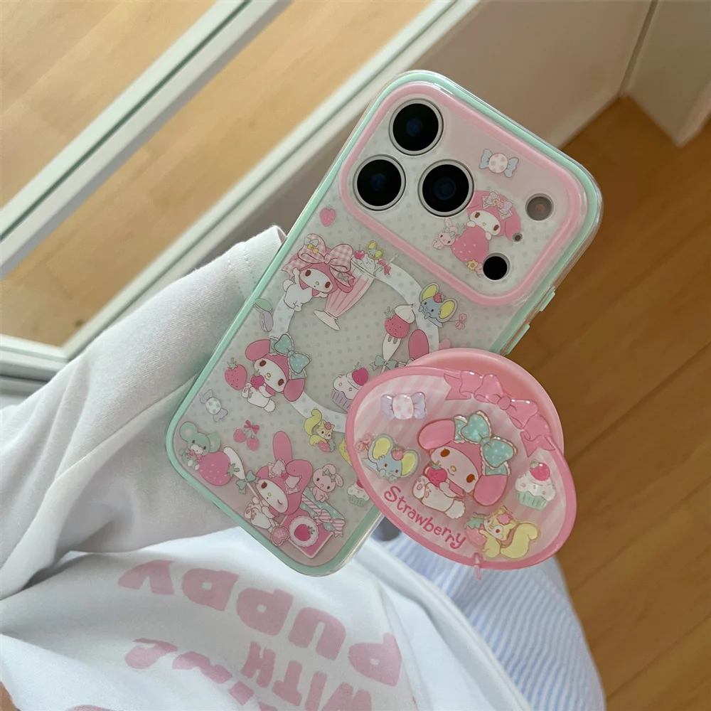 Kawaii Cartoon Rabbit Magnetic Phone Case For iPhone 17 Pro Pro Max Cover with Holder Stand For Magsafe Cases Funda