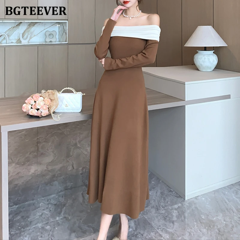 

BGTEEVER Fashion Slim Waist Female Patchwork Knitted A-line Dress Autumn Winter Slash Neck Long Sleeve Women Sweaters Dress