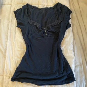 Vintage Slim Lace T-shirt Solid Color Casual Pattern Commuter High Street Fashion Y2K Cropped Top Trash Punk hop Women's T-shirt 1