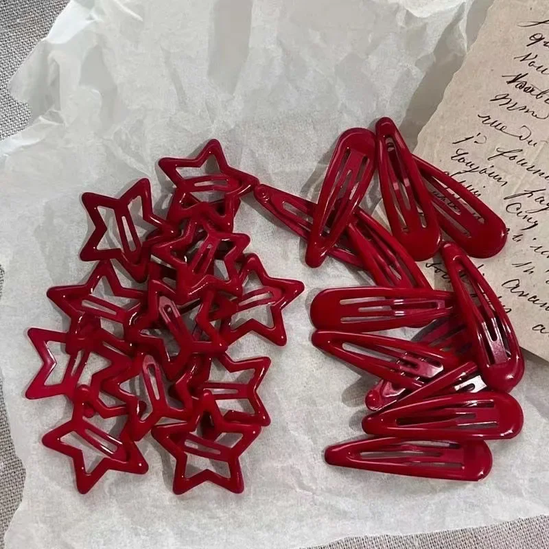 10 Pcs/Lot New Red Star Snap Clip for Girl Waterdrop Barrettes Black Hairpin Women Silver Hair Clip Accessories Kawaii Clip