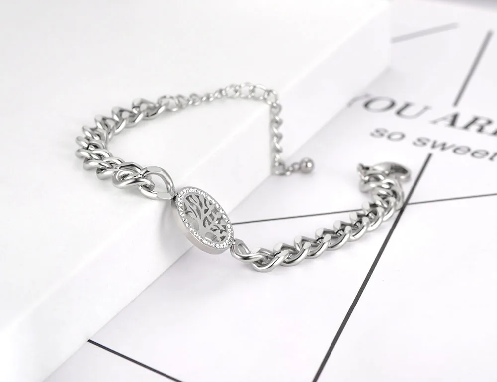 JeeMango Neues Design CZ-Kristall-Baum-Charm-Gliederkettenarmband für Frauen, Titan-Edelstahl, Bohemia-Strandschmuck JB21003