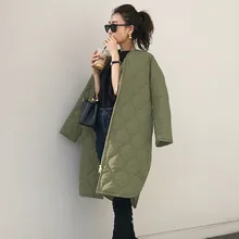 

Korean Style Green Long Coat Padded Slim Fit Round Neck Women Oversized Autumn Winter Parka Fashion Outwear Ladies Casual Jacket