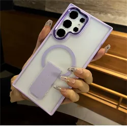 Luxury Folding Stand Magnetic Phone Case with Matte Translucent Back Cover - Galaxy S23 Ultra (Purple)