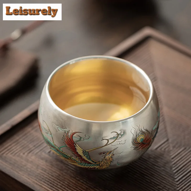 Gilt Silver Dragon And Phoenix Auspicious Teacup Elegant Tea Bowl Jug Tea-tasting Meditation Cup Jianzhan Master Cups Set Gift