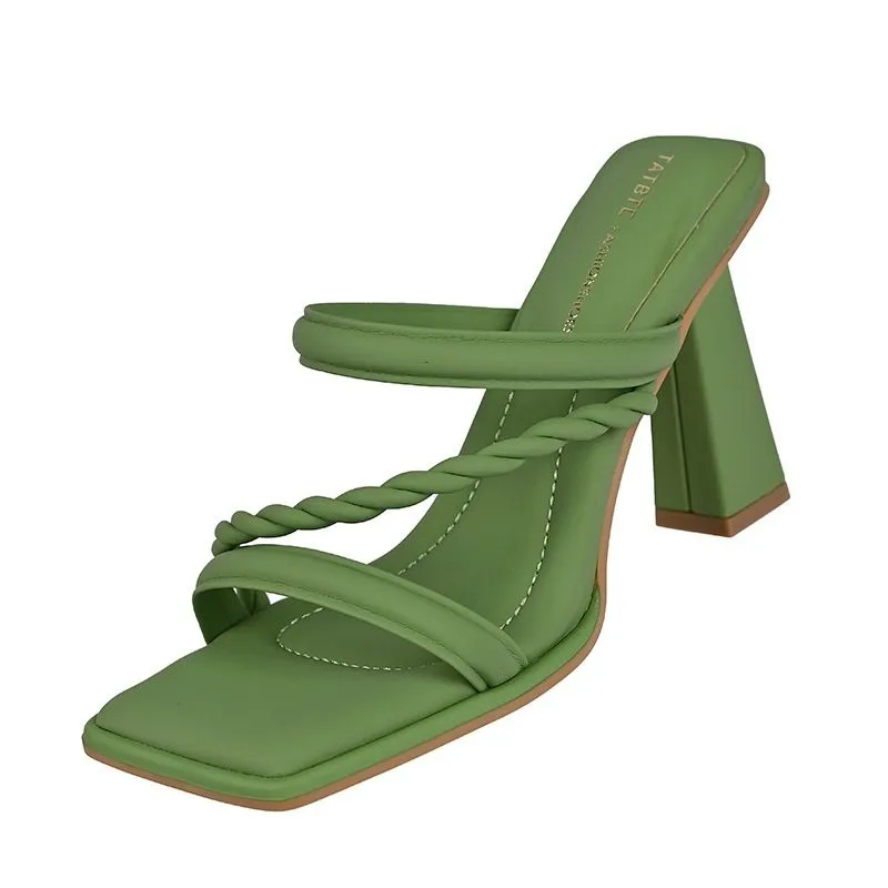 Fashionable One-piece Slippers for Women in Summer, Square Heel High Heels, 2025 New Square Toe Style Cool Slippers — view 2