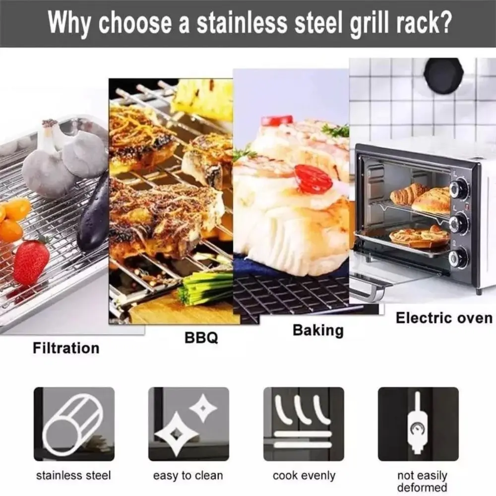 New Stainless Steel Cooling Rack Non-stick Silver BBQ Tray Barbecue Cooking Mesh Shelf