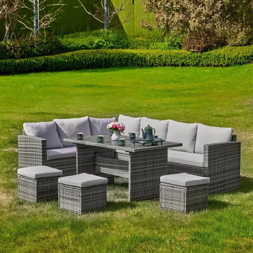 

7 Pieces Outdoor Patio Furniture with Dining Table&Chair, All Weather Wicker Conversation Set with,Grey Garden Sofas