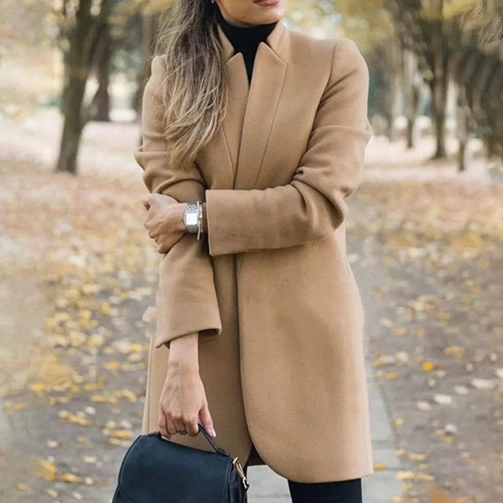 Wool Coat Women Casual Solid Color Long Sleeve Stand Collar Slim Long Jacket Plus Size 5XL Autumn Winter New Fashion Long Coat
