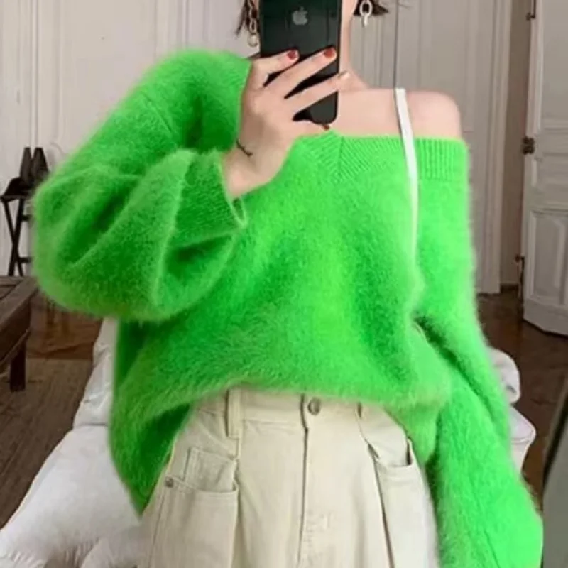 

Slouchy Long Hair Mink Cashmere Sweater Lantern Sleeve Big V-Neck Pullover Sweater Fluffy V neck For Women C883