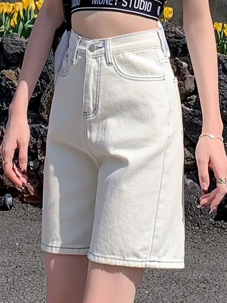 ZHISILAO New White Knee Length Denim Shorts Women Print Straight Jeans Shorts Summer 2024 Streetwear
