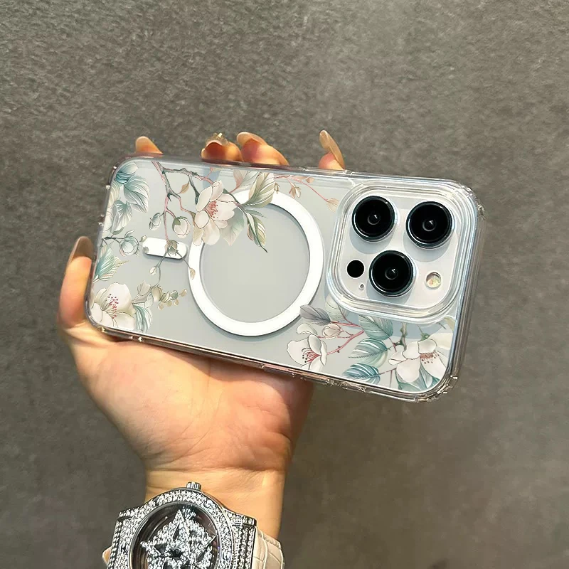 Floral Magnetic Transparent Phone Case with Magsafe Wireless Charging Capability