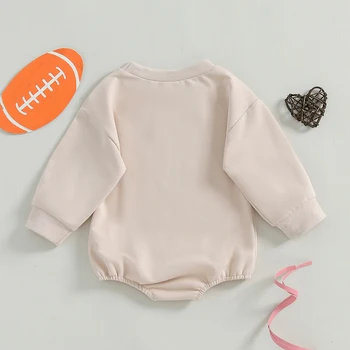 Infant Girl Football Print Long Sleeve Bubble Romper with Crew Neck and Bow Detail - Adorable Newborn Bodysuit for Game Day 2