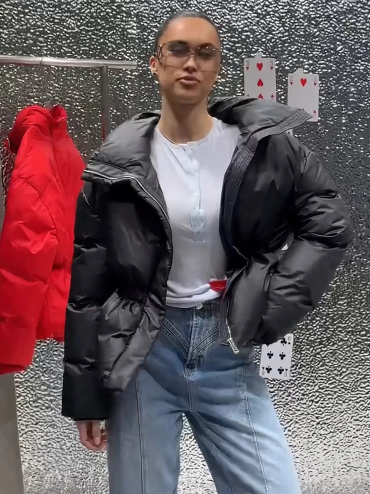 Women's Winter Jacket Hooded Short Top Cropped Drawstring Waist Coat Long Sleeve Warm Oversized Jackets Streetwear Woman Clothes